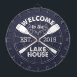 Welcome to the Lake House | Rustic Canoe Paddles Dartboard<br><div class="desc">Spend your leisurely lakeside hours playing darts with this fun,  unique dartboard. Design features a midnight blue background with "Welcome to the Lake House" in rustic block text and two crossed canoe paddles. Customize with the year established for an awesome housewarming present or gift for your weekend hosts!</div>