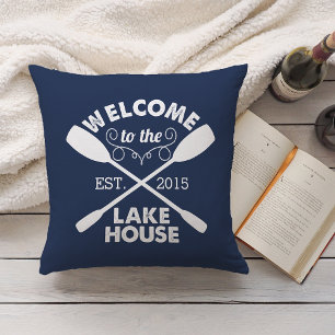 Welcome to the Lake House   Rustic Navy Throw Pillow