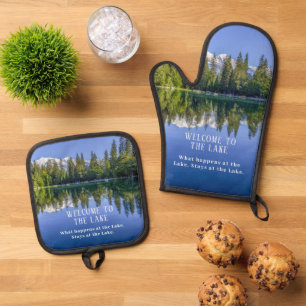 Welcome to The Lake Pine Tree Forest Oven Mitt & Pot Holder Set