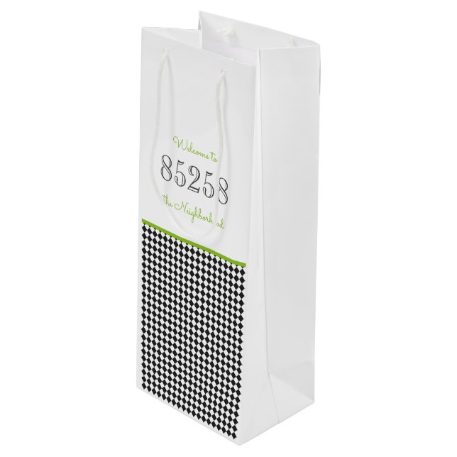 Welcome to the Neighbourhood Zip Code Black Green Wine Gift Bag (Front Angled)