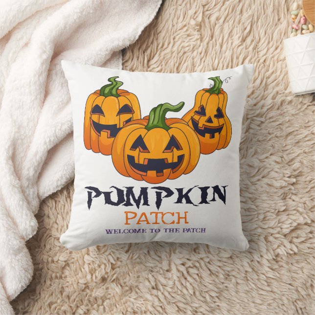 Welcome To The Patch Cute Spooky Pattern Pumpkin Throw Pillow (Blanket)