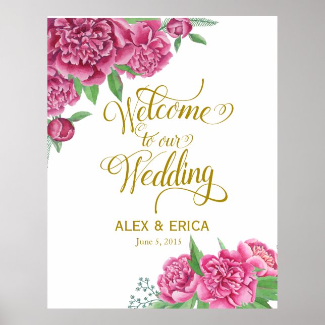 welcome to the wedding peony rose sign pink gold (Front)