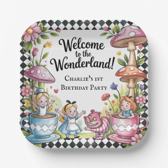 Welcome To The Wonderland 1st Birthday Party Paper Plate (Front)