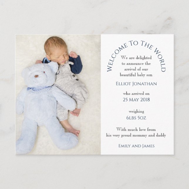 Welcome to the World Baby Boy Photo Text White Postcard (Front)