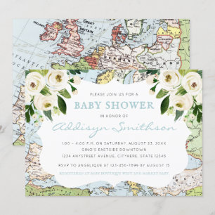 Welcome To The World Floral Map Blue Baby Shower Invitation