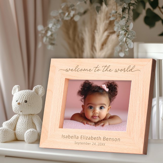 Welcome to the World Personalized New Baby  Etched Frames (Shown on a 7" x 5" Landscape.  Photo not included.)