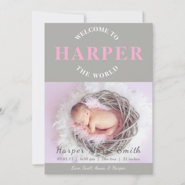 Welcome to the World pink grey Birth Announcement (Front)