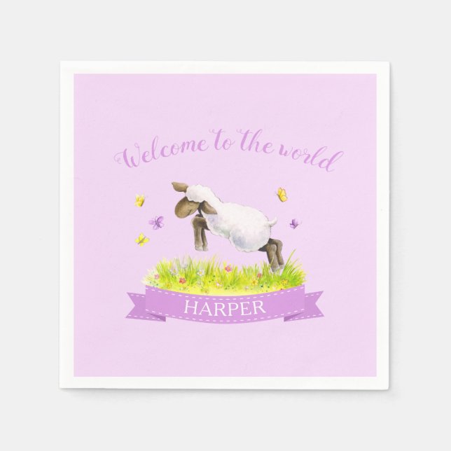 Welcome to the world spring lamb new baby purple napkin (Front)