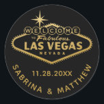 Welcome to Vegas Sign Black with Gold Classic Round Sticker<br><div class="desc">Favour sticker or envelope seal with the "Welcome to Fabulous Las Vegas" Sign in faux gold foil. Click CUSTOMIZE FURTHER to change the background colour,  font,  and text colour.</div>