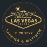 Welcome to Vegas Sign Black with Gold Classic Round Sticker<br><div class="desc">Favour sticker or envelope seal with the "Welcome to Fabulous Las Vegas" Sign in faux gold foil. Click CUSTOMIZE FURTHER to change the background colour,  font,  and text colour.</div>