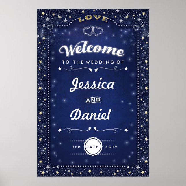 Welcome to Wedding 24x36 Navy Blue Hearts & Stars Poster (Front)