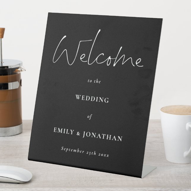 Welcome to Wedding Script Black and White Pedestal Sign (In SItu)