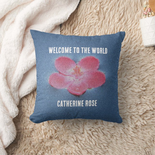Welcome To World Pink Flower Blue Water Floral Throw Pillow (Blanket)