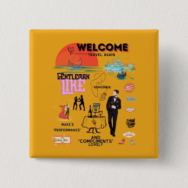 WELCOME TRAVEL AGAIN 2 INCH SQUARE BUTTON (Front)