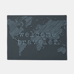 Welcome Traveller World Map Dark Grey Doormat