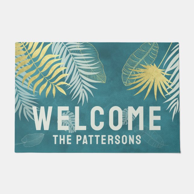 Welcome Tropical Golden Palm Family Name Doormat (Front)
