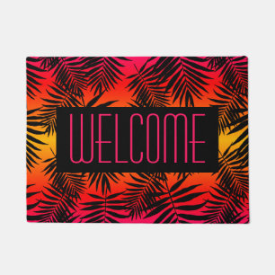 Welcome Tropical Palm Leaf On Summer Sunset Doormat
