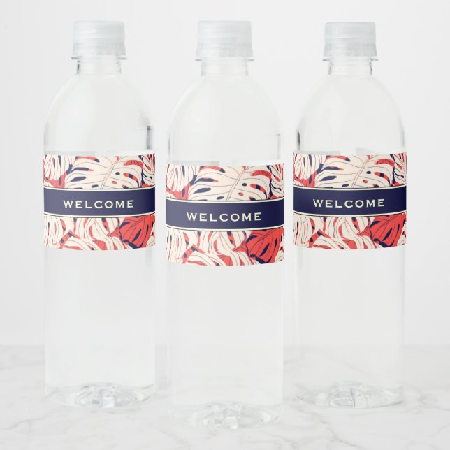 Welcome | Tropical Palm Leaf | Vacation Rental Water Bottle Label (Bottles)