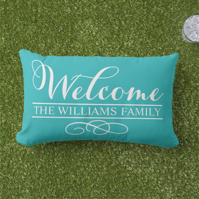 Welcome Turquoise Blue Custom Last Name Lumbar Pillow (Grass)