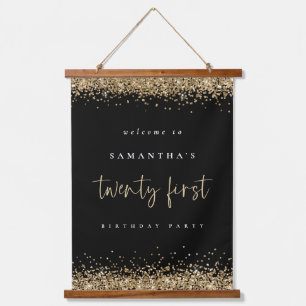 Welcome Twenty First Gold Glitter Name Black Hanging Tapestry