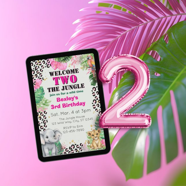 Welcome TWO Jungle Pink 2nd Birthday Invitation (Creator Uploaded)