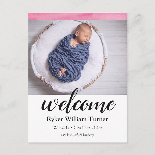 Welcome Watercolor Birth Announcement Postcard (Front)