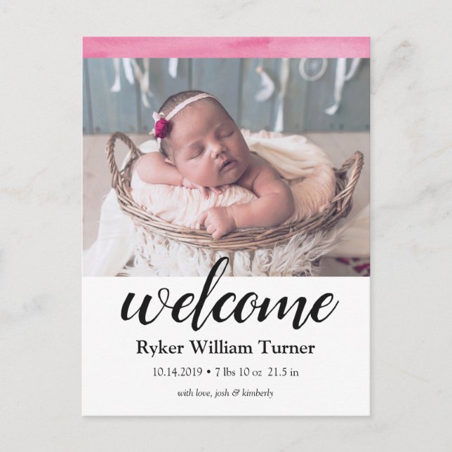 Welcome Watercolor Birth Announcement Postcard (Front)