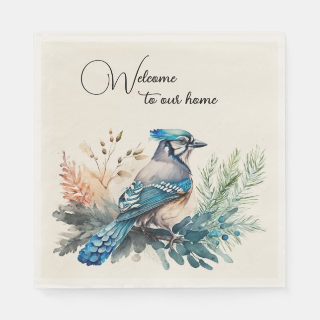 Welcome Watercolor Blue Jay Bird Napkin (Front)