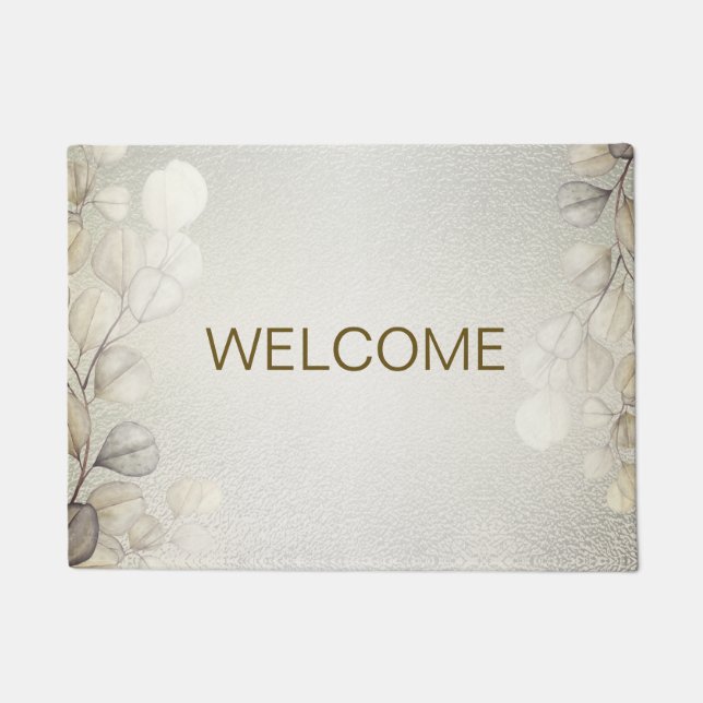 Welcome Watercolor Golden Eucalyptus Foliage Shiny Doormat (Front)