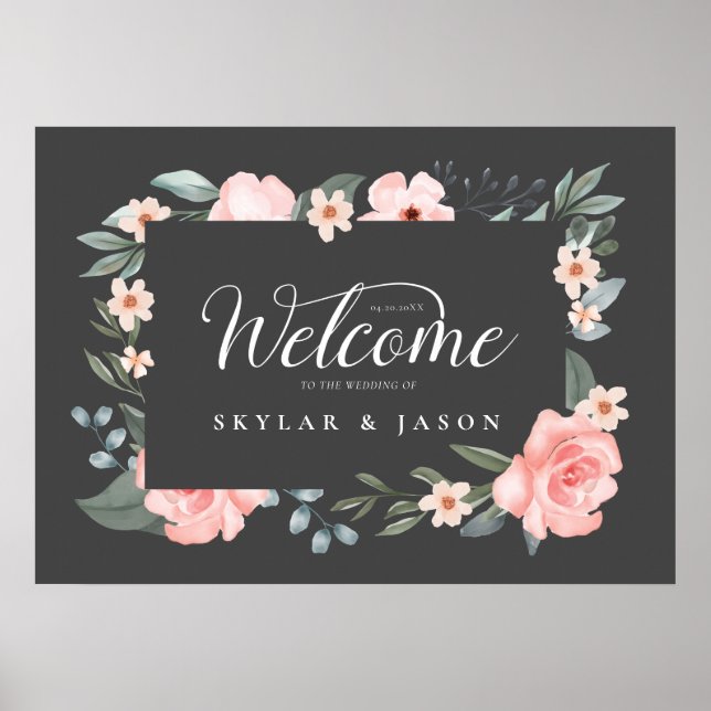 Welcome Watercolor  Rose & Foliage Frame Grey Poster (Front)