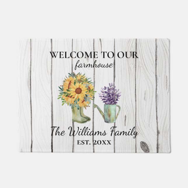 Welcome Watercolor Rustic Farmhouse Boots Flowers  Doormat (Front)