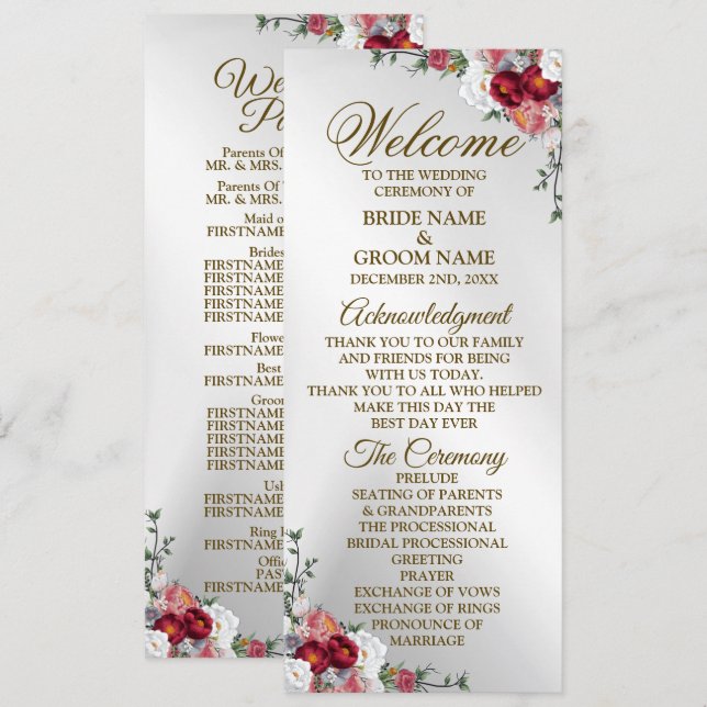 Welcome Wedding Colourful Red White Floral Silver Program (Front/Back)