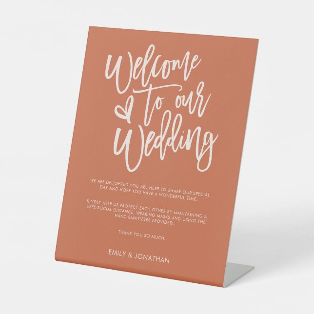 Welcome Wedding COVID Safety Script Terracotta  Pedestal Sign (Front)