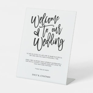Welcome Wedding COVID Safety Stylish Black Script Pedestal Sign