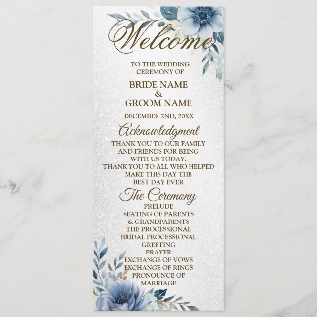 Welcome Wedding Dusty Blue Watercolor Flowers Program (Front)