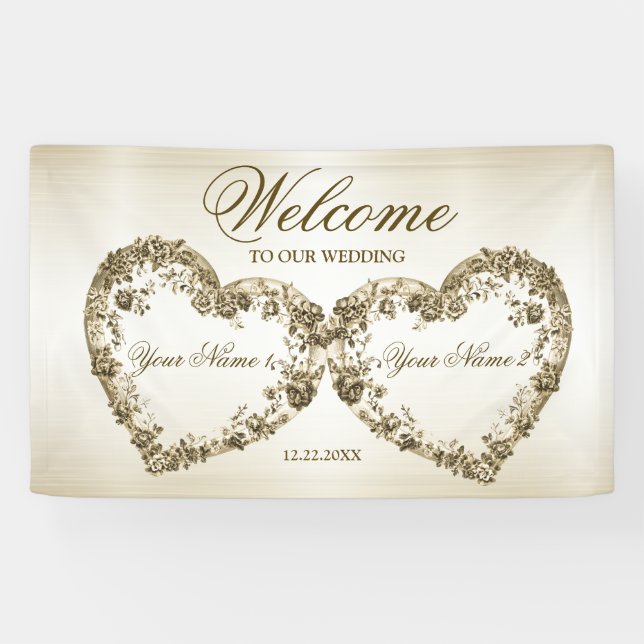Welcome Wedding Floral Golden Ornate Heart Frames Banner (Horizontal)
