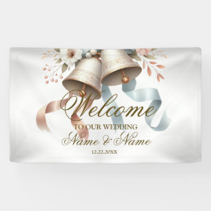 Welcome Wedding Flowers Bells Pink Blue Ribbons Banner