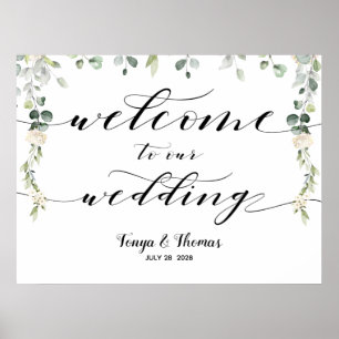 Welcome Wedding Greenery Swash Calligraphy Sign
