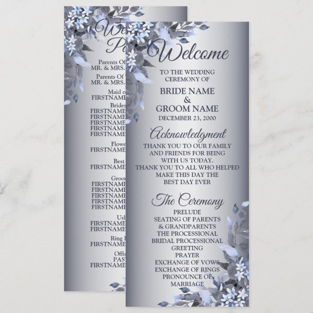 Welcome Wedding Navy Blue Floral Silver Elegant Program (Front/Back)
