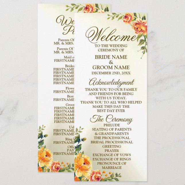 Welcome Wedding Orange Yellow Red Floral Greenery Program (Front/Back)