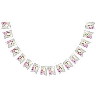 Welcome Wedding Party Colourful Pink Floral Golden Bunting Flags