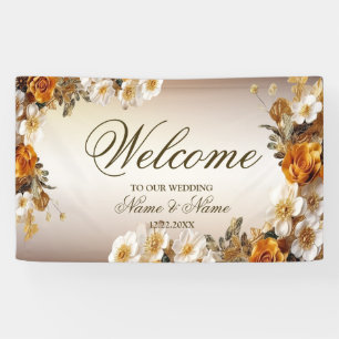 Welcome Wedding Party Golden Orange White Flowers Banner