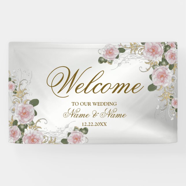Welcome Wedding Party Pink Floral Silver Elegant Banner (Horizontal)