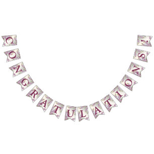 Welcome Wedding Party Pink White Flowers Elegant Bunting Flags