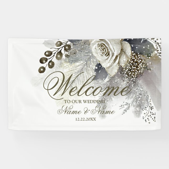 Welcome Wedding Party Silver Golden White Roses Banner (Horizontal)