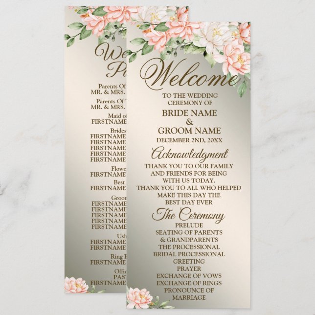Welcome Wedding Party Watercolor Peach Flowers Program (Front/Back)