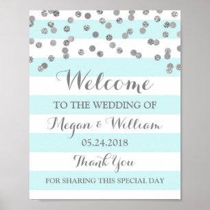 Welcome Wedding Sign Blue Stripes Silver Confetti