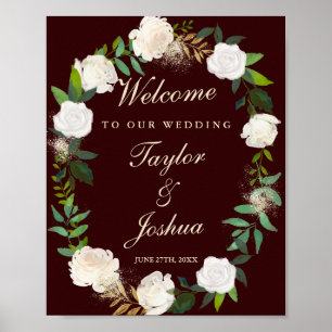 Welcome Wedding Sign Burgundy Gold Watercolor