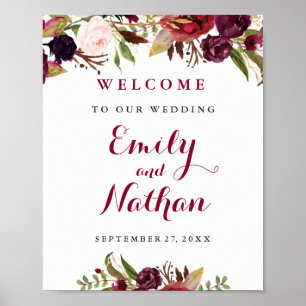 Welcome Wedding Sign Burgundy Red Floral Fall