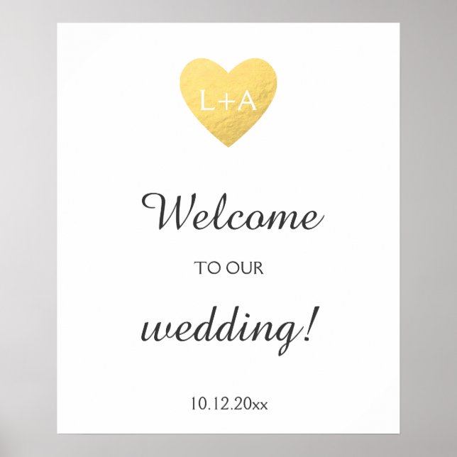 Welcome wedding sign, faux gold heart, initials poster (Front)